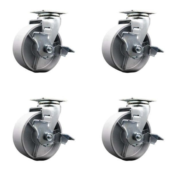 Service Caster 5'' Semi Steel Cast Iron Swivel Caster Set with Bronze Bearings and Brake, 4PK SCC-20S520-SSBZ-TLB-4 - main